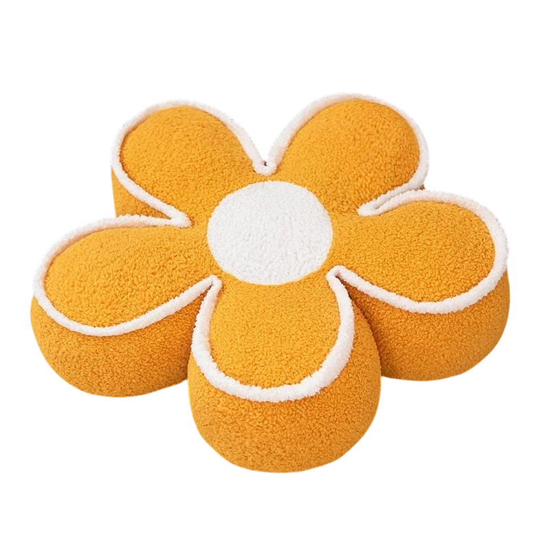 HOMELIVY yellow and white daisy flower shaped plush pouf pillow with a soft textured finish.