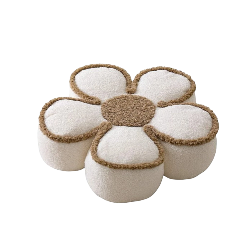 HOMELIVY daisy flower shaped pouf pillow in cream and brown textured sherpa fabric for cozy home decor.