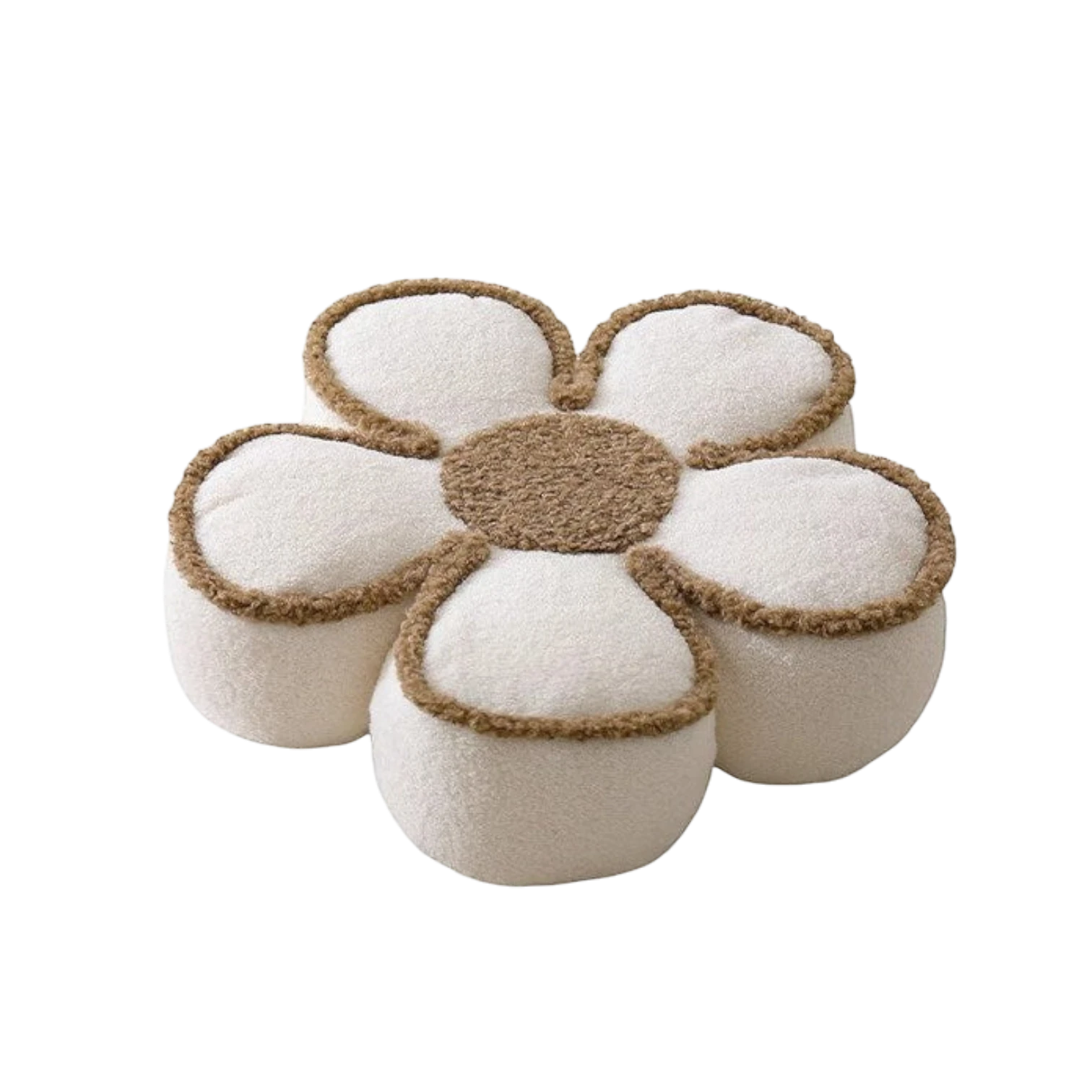 HOMELIVY daisy flower shaped pouf pillow in cream and brown textured sherpa fabric for cozy home decor.