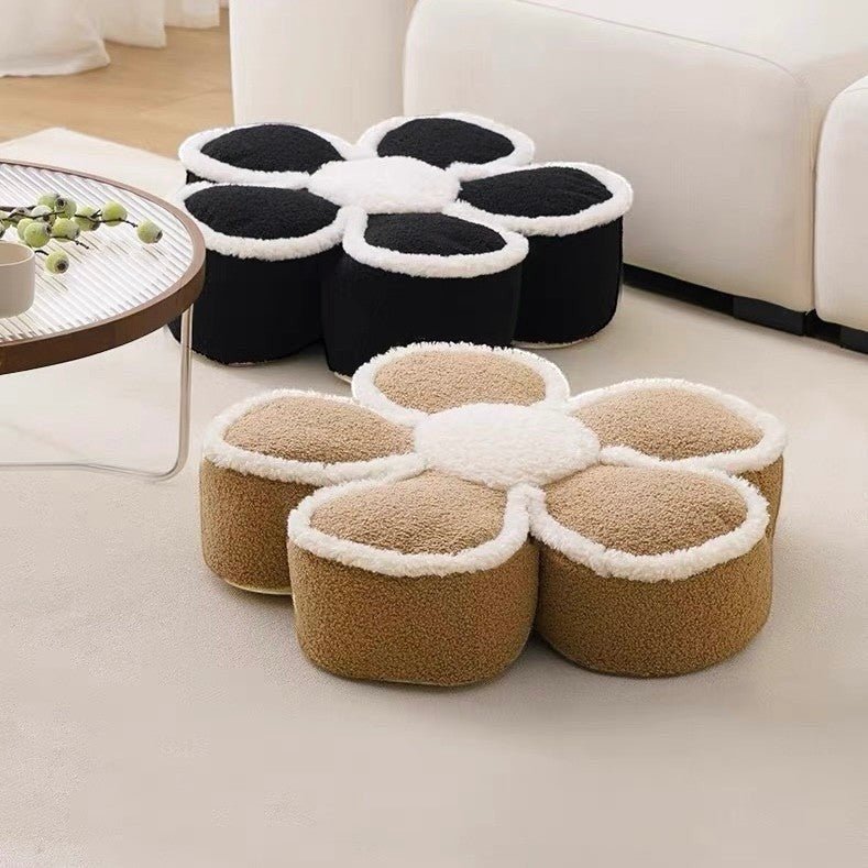 HOMELIVY daisy flower shaped pouf pillows in black and tan textured sherpa fabric with white trim for living room decor
