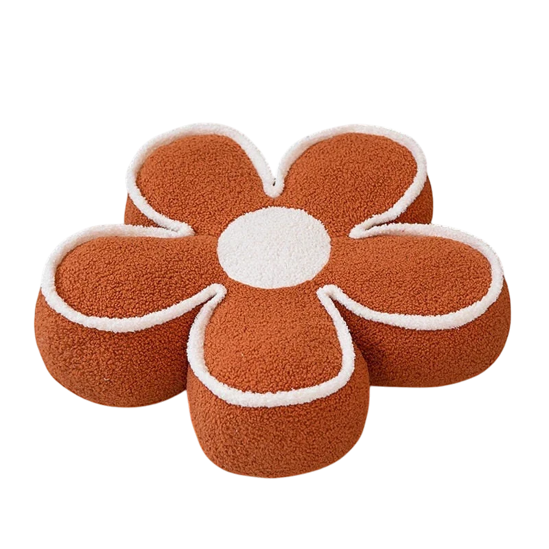 HOMELIVY daisy flower shaped pouf pillow in rust orange and white textured fabric for cozy home decor.