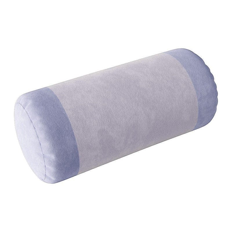 A soft lavender and light gray velvet retro striped bolster pillow with a plush velvety texture
