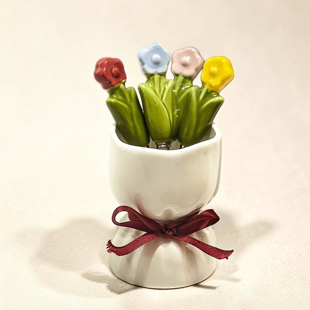 White Bouquet Flower Fruit Fork Set