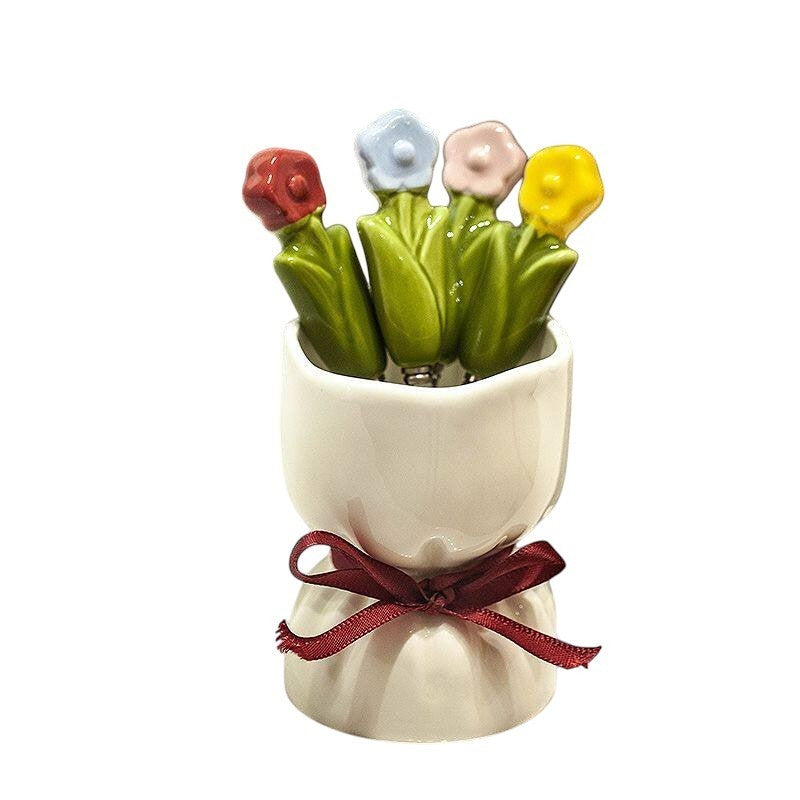 White Bouquet Flower Fruit Fork Set