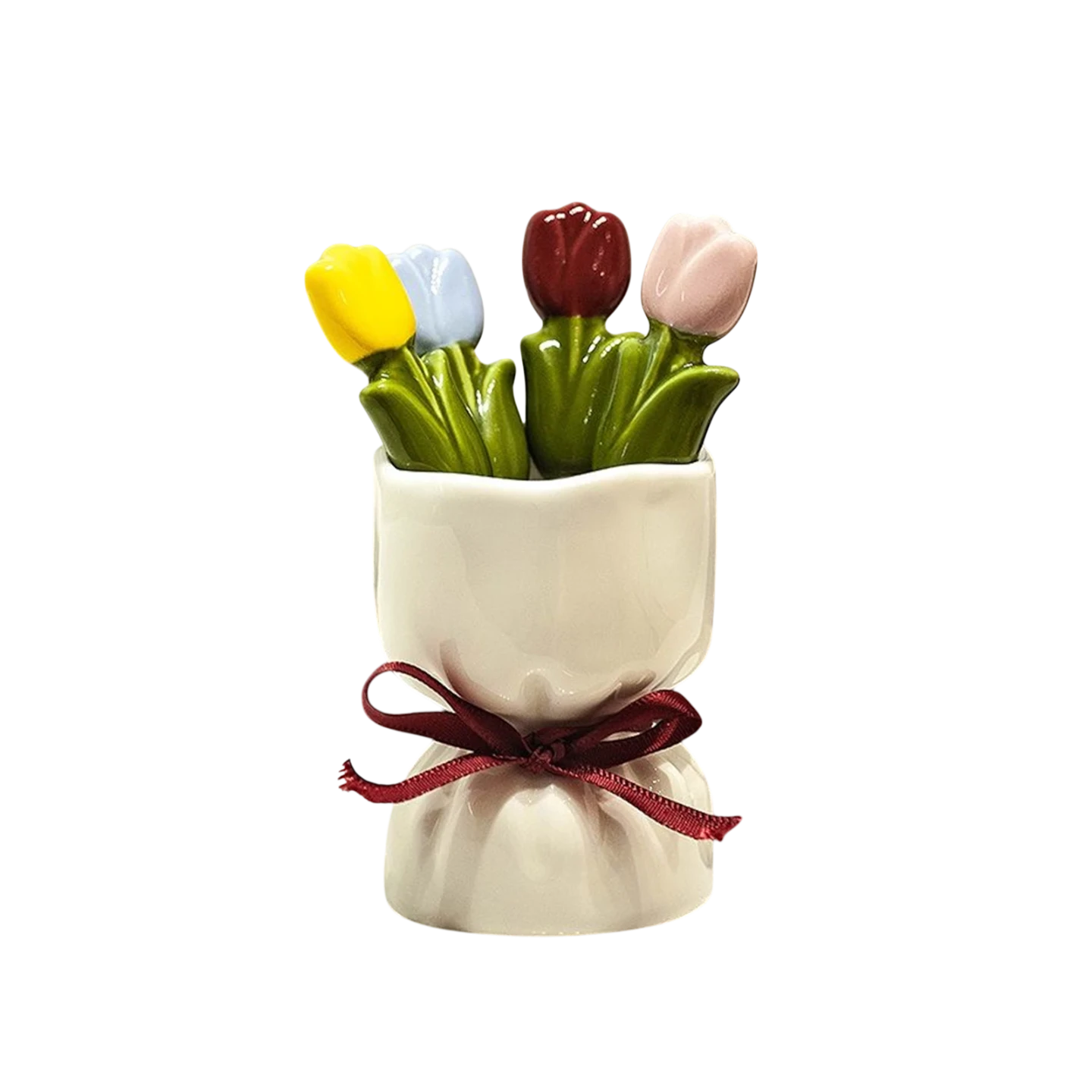 HOMELIVY floral fruit fork set featuring four tulip-shaped ceramic forks in a white vase with a decorative red ribbon.