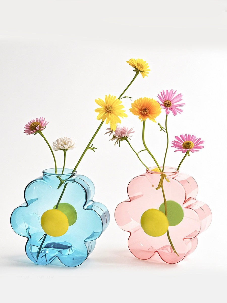 HOMELIVY flower shaped glass vases in blue and pink with colorful wildflowers, perfect for modern home decor.