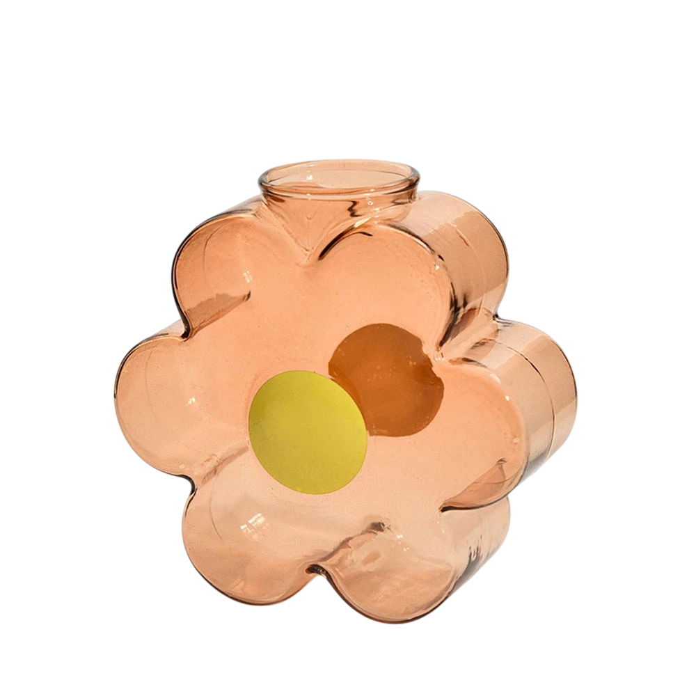 HOMELIVY flower-shaped translucent peach glass vase with a yellow center accent for modern home decor.