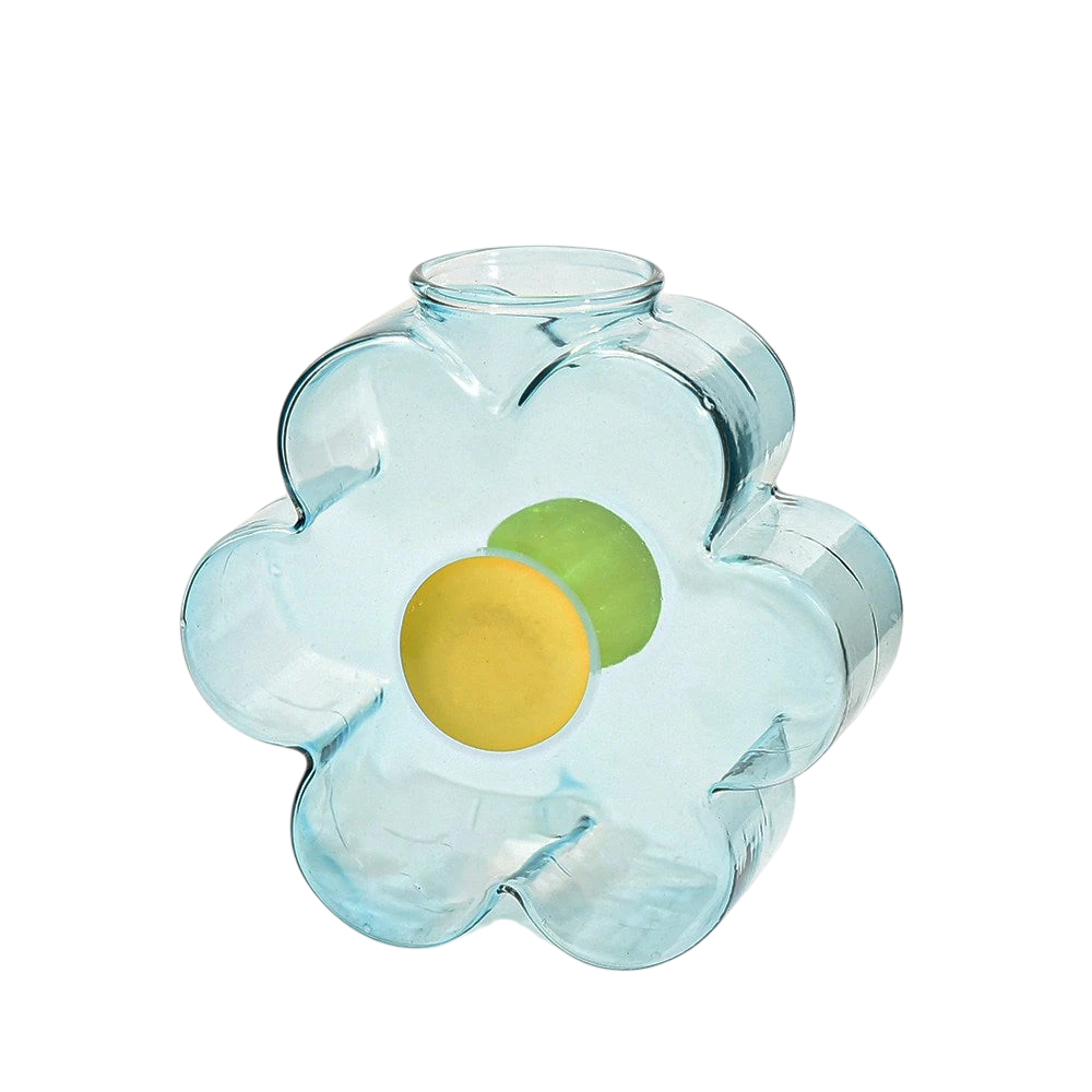 HOMELIVY light blue flower-shaped glass vase with yellow and green center accents for modern home decor.