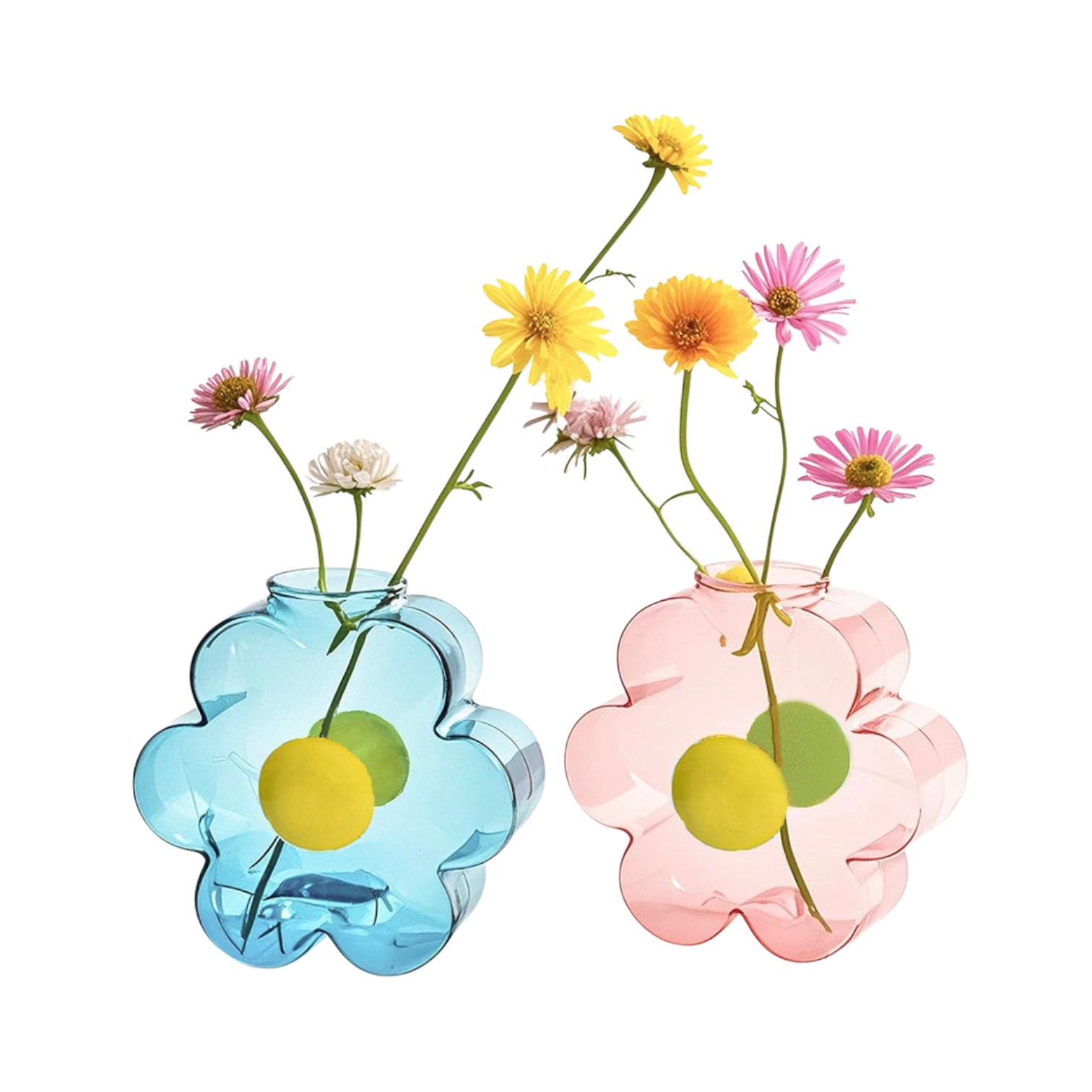 HOMELIVY blue and pink flower-shaped glass mini vases holding colorful daisies for table decoration.