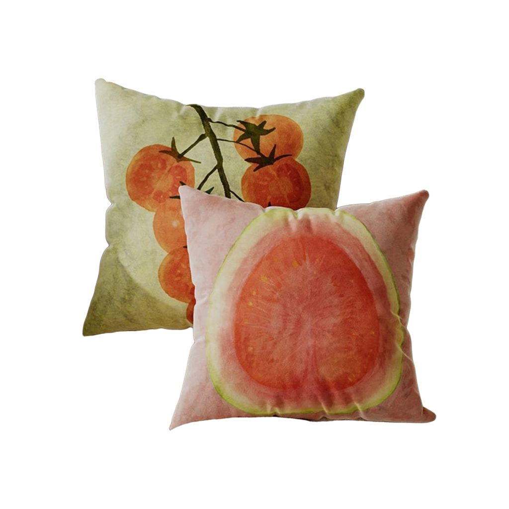 HOMELIVY watercolour tomato and guava fruit print cushion covers on a textured cream sofa