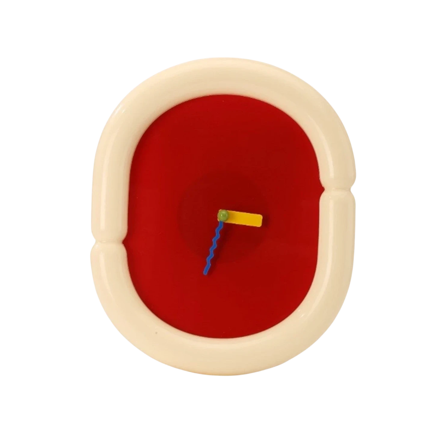 HOMELIVY sculptural wall clock with chunky cream frame, bold red face, and multicolored hands. A statement piece for eclectic decor.