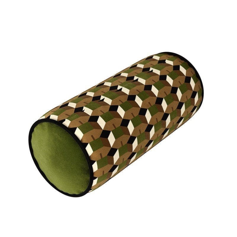 HOMELIVY geometric print bolster cushion in green, brown, and cream with a solid green end.