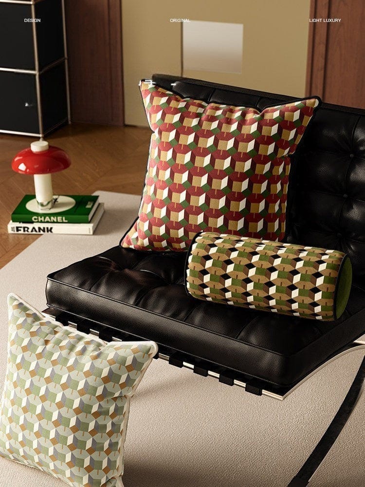 HOMELIVY geometric print bolster cushion in green, brown, and white. Decorative accent pillow.