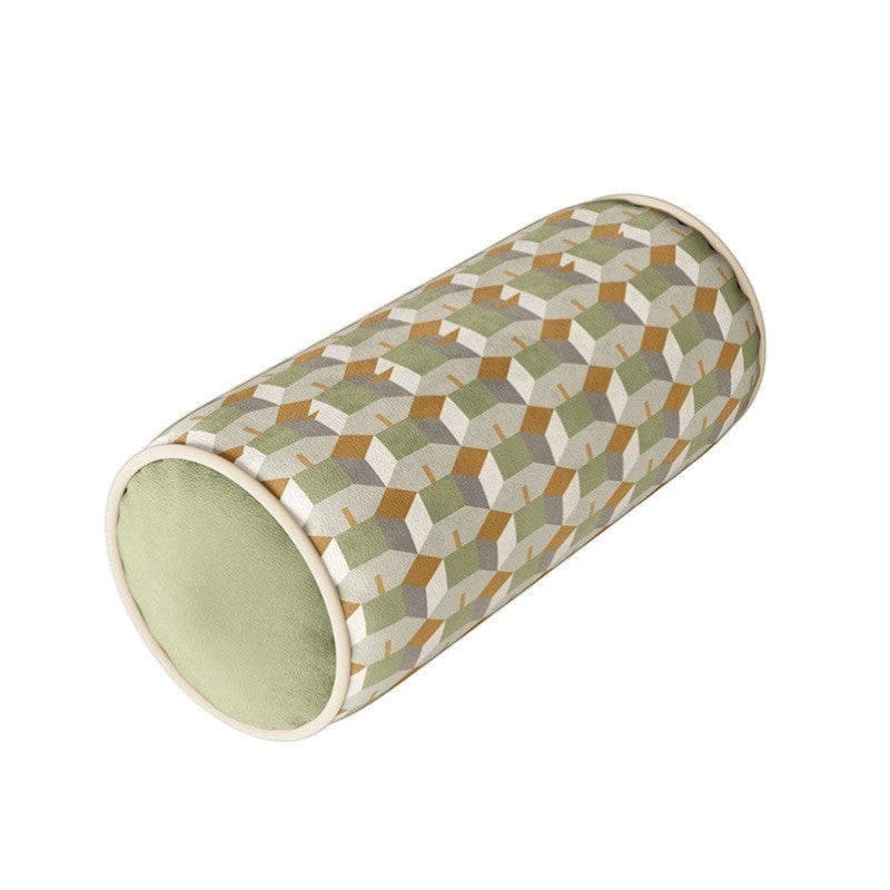 HOMELIVY geometric print bolster cushion in green, grey, and gold with cream piping.