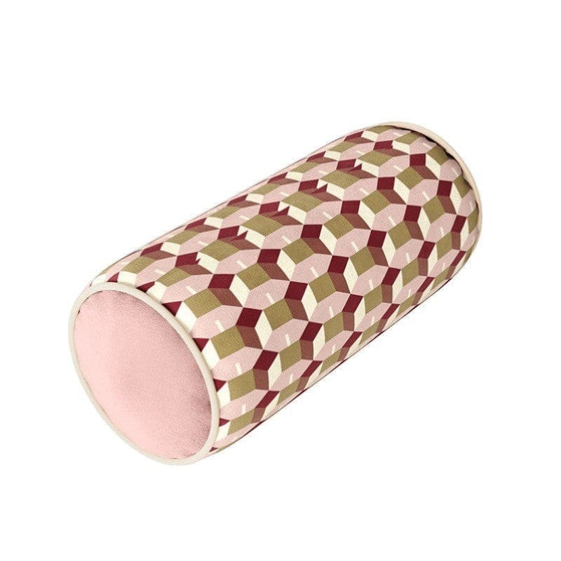 HOMELIVY geometric print bolster cushion in pink, burgundy, gold, and cream. Features a 3D cube pattern and solid pink ends.