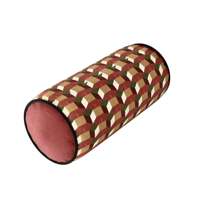 HOMELIVY geometric print bolster cushion in red, beige, green, and white with a solid red end.