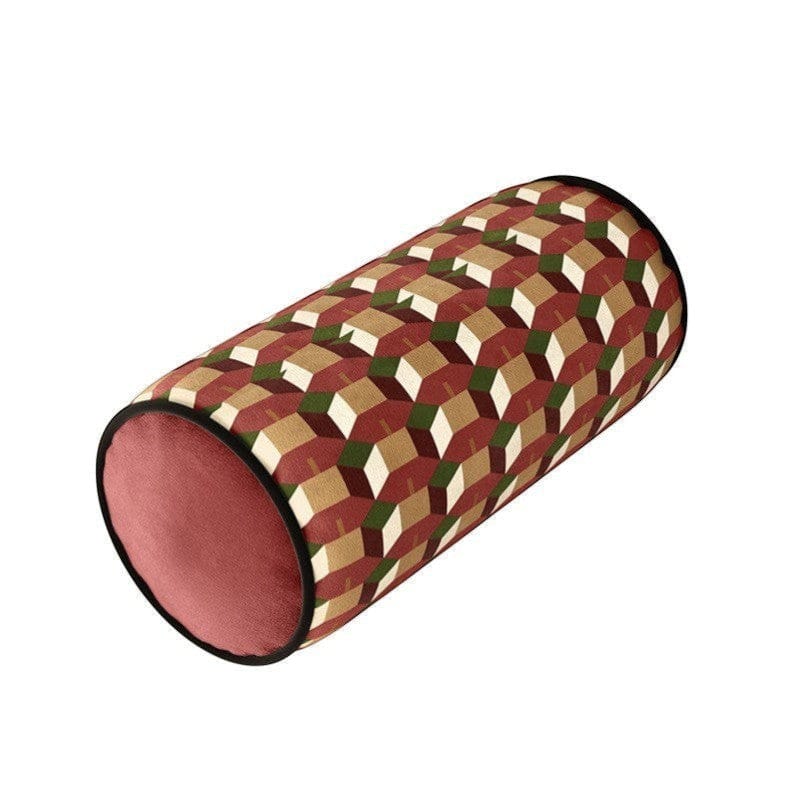 HOMELIVY geometric print bolster cushion in red, beige, green, and white with a solid pink end.
