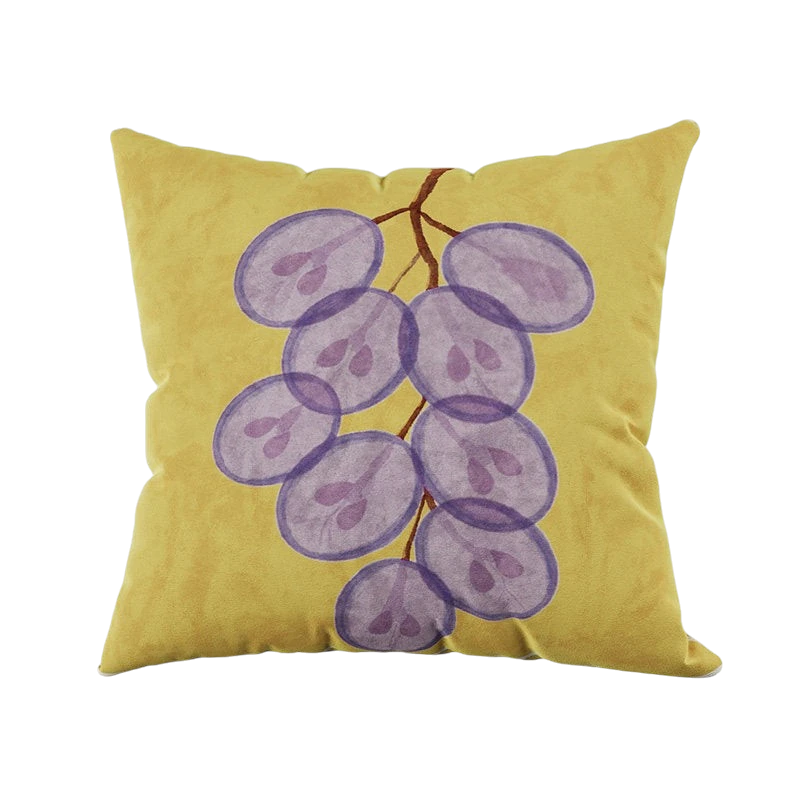 HOMELIVY yellow throw pillow cover featuring a purple watercolour grape bunch print on a soft textured fabric