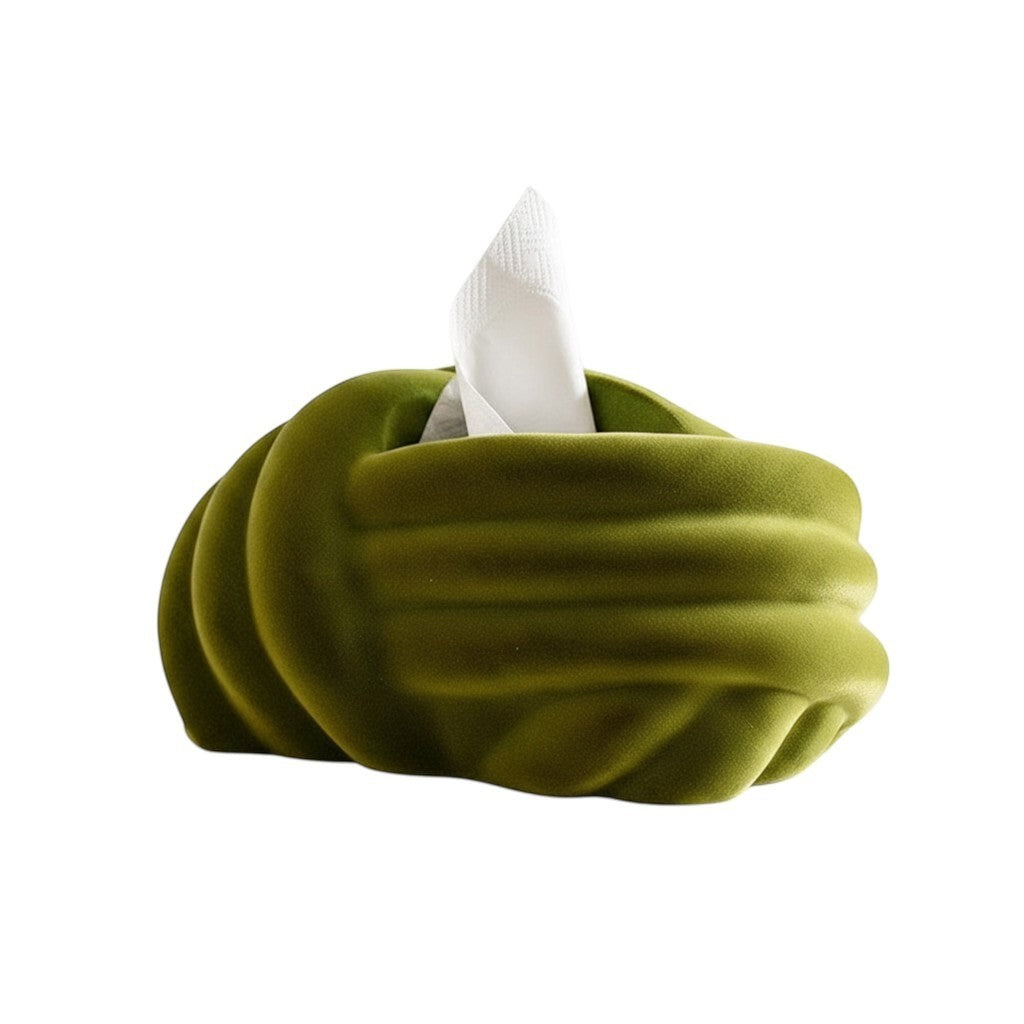 HOMELIVY soft green sculptural knot ceramic tissue box cover with white tissues emerging from the top.
