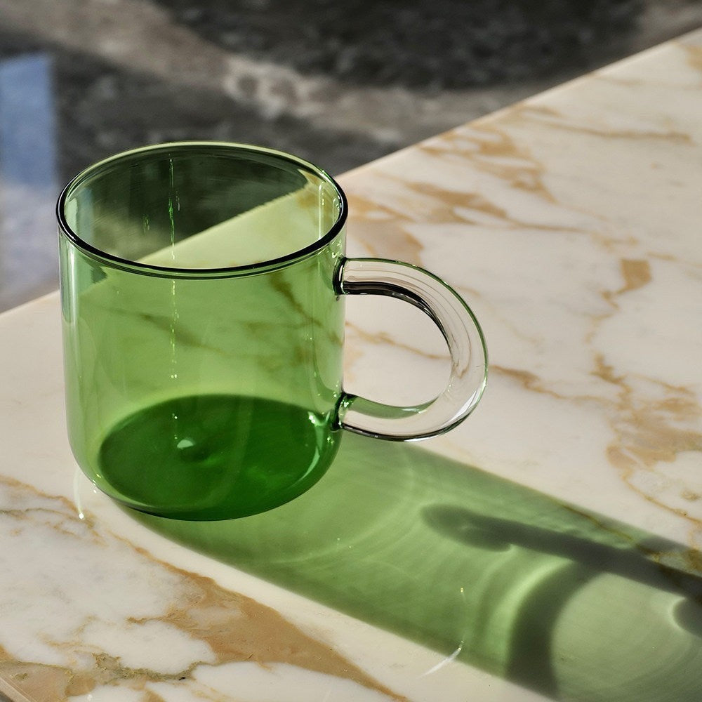 HOMELIVY Color Block Retro Glass Mug in green, clear glass handle, cylindrical shape, perfect for coffee or tea.