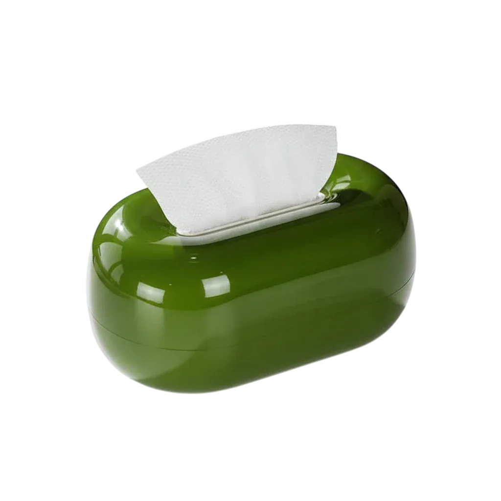 HOMELIVY retro green round tissue box dispenser with white tissues peeking out. Modern, glossy finish.