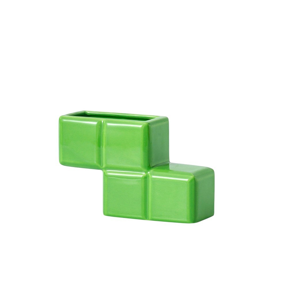 HOMELIVY green Tetris block ceramic vase with a glossy finish for modern home decor or desk organization.
