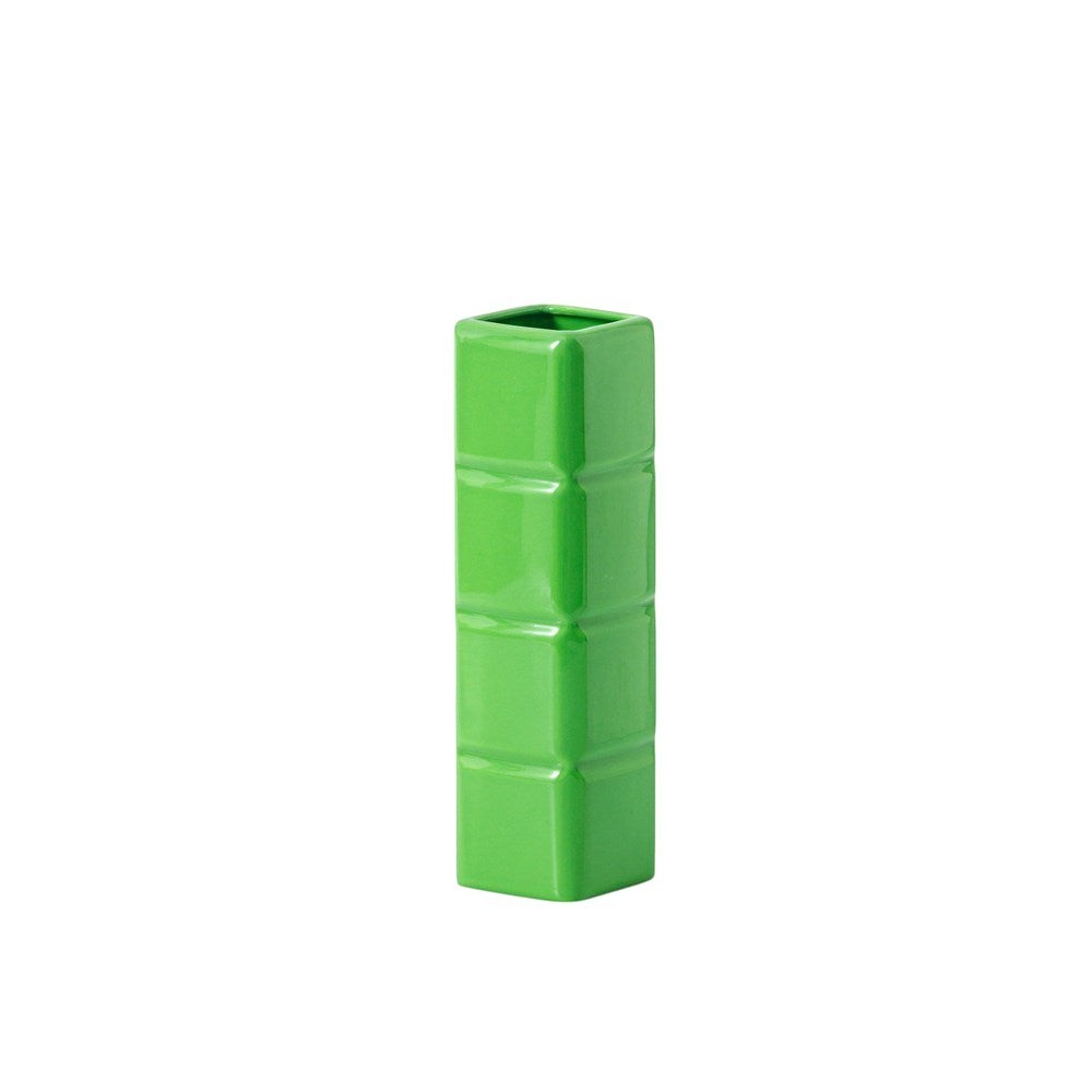 HOMELIVY green Tetris-inspired ceramic vase with a glossy finish, perfect for modern home decor or desk storage.