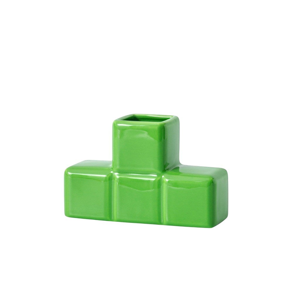 HOMELIVY green ceramic Tetris-inspired block vase with a glossy finish for home decor or desk organization.