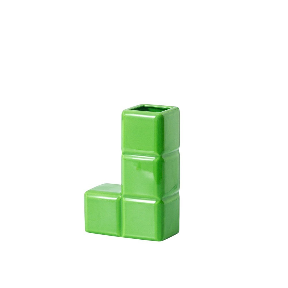 HOMELIVY green ceramic Tetris-inspired block vase with a glossy finish for home decor or desk organization.