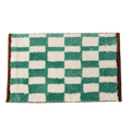 HOMELIVY green and white checkered plush rug with brown trim. Retro shag design.