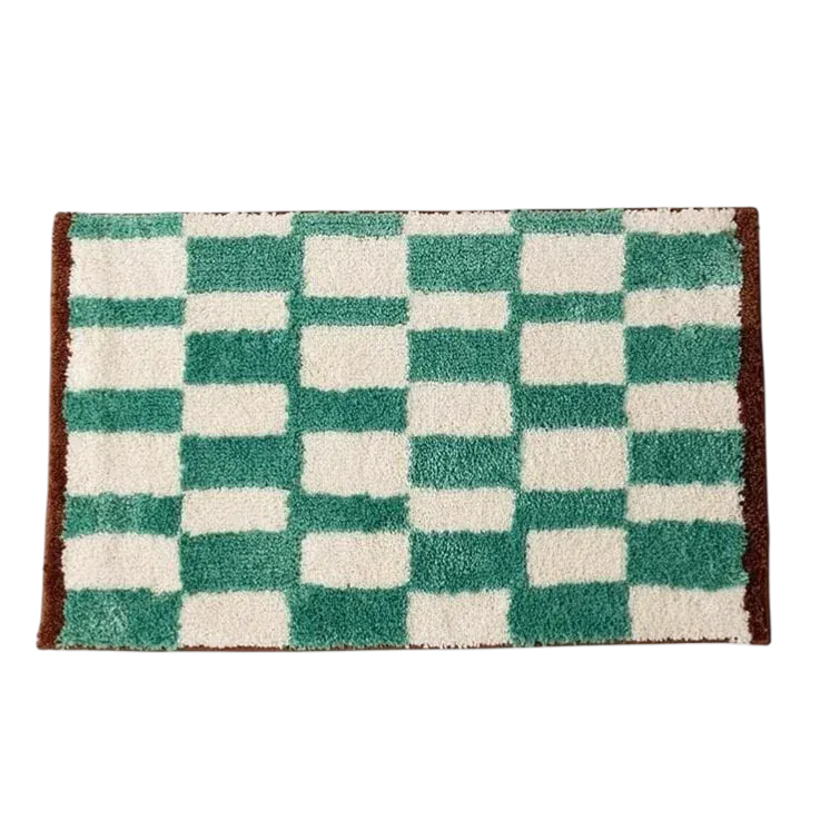 HOMELIVY green and white checkered plush rug with brown trim. Retro shag design.
