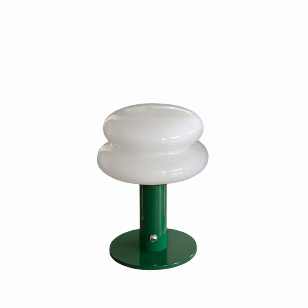 HOMELIVY rechargeable bedside lamp with a double-layered white glass shade and a green metal base. Portable sleep light.
