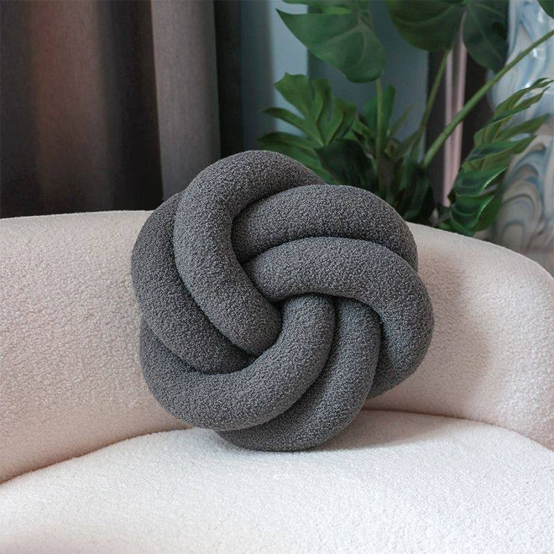HOMELIVY dark grey boucle knot cushion pillow, 35cm diameter, adds texture and modern style to decor.