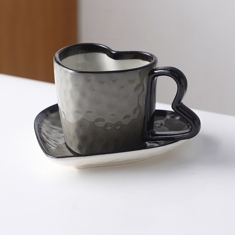 Black Heart Shaped Coffee Mug & Saucer Set, Valentines gift mug set