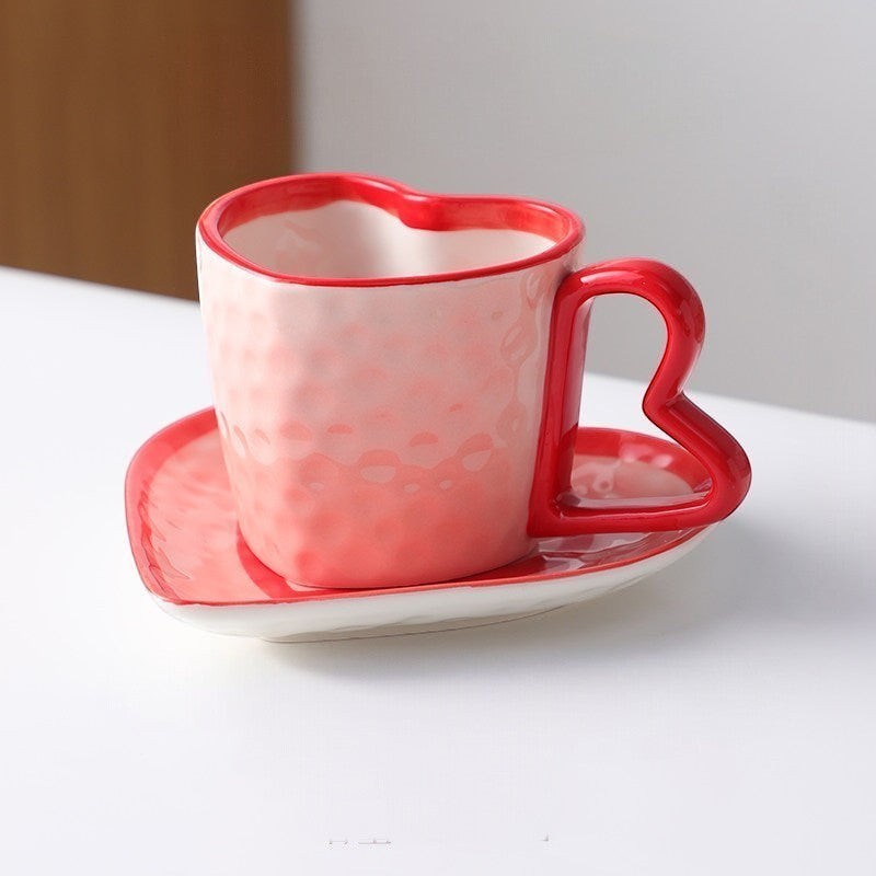 Pink Heart Shaped Coffee Mug & Saucer Set, Valentines gift mug set
