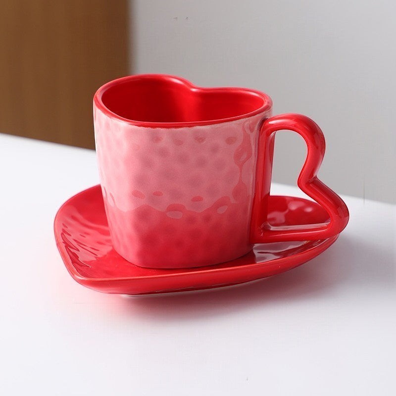 Pink red Heart Shaped Coffee Mug & Saucer Set, Valentines gift mug set