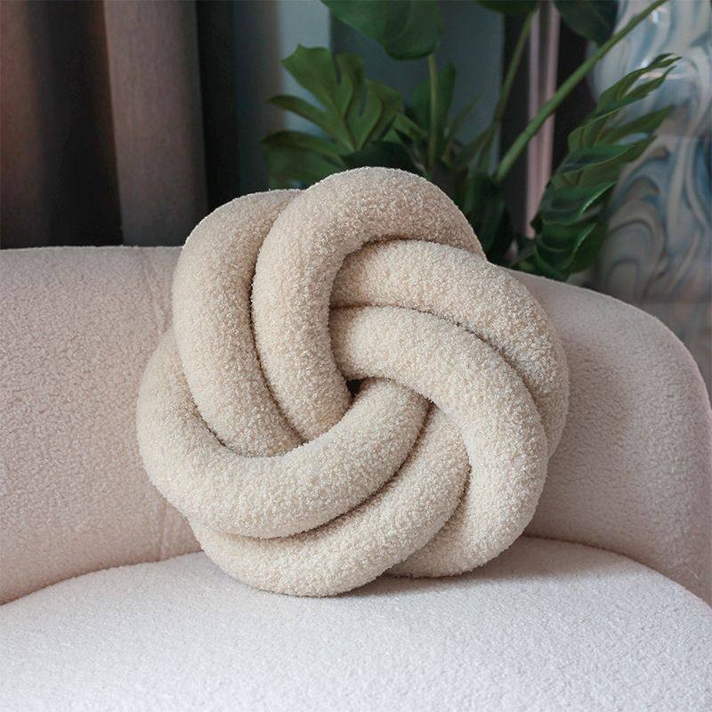 HOMELIVY cream boucle knot cushion pillow, 35cm diameter, adds texture and modern style to home decor.