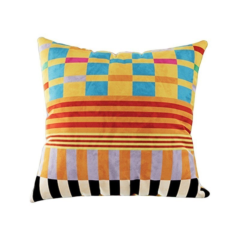 HOMELIVY maximalist throw pillow featuring a vibrant mix of colorful checkered and striped patterns on soft fabric.