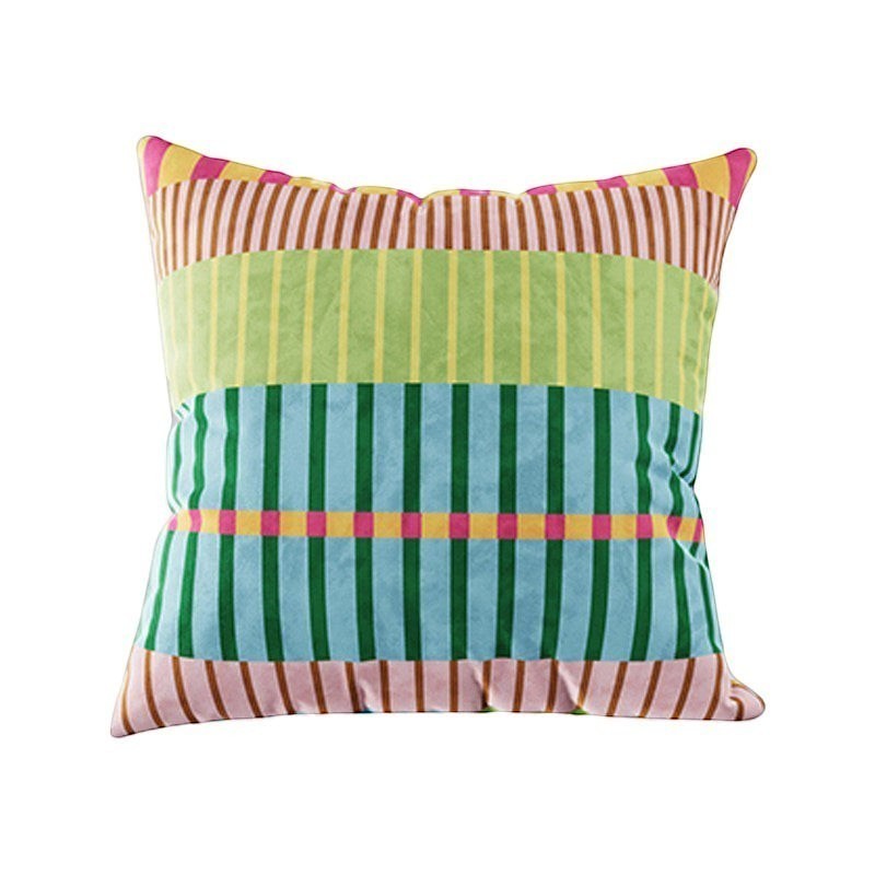 HOMELIVY maximalist throw pillow featuring a vibrant mix of colorful vertical stripes and a checkered pattern.