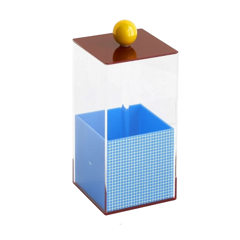 HOMELIVY Quirky Memphis acrylic brush holder with blue, red, and yellow accents. Geometric design with a yellow sphere on top.