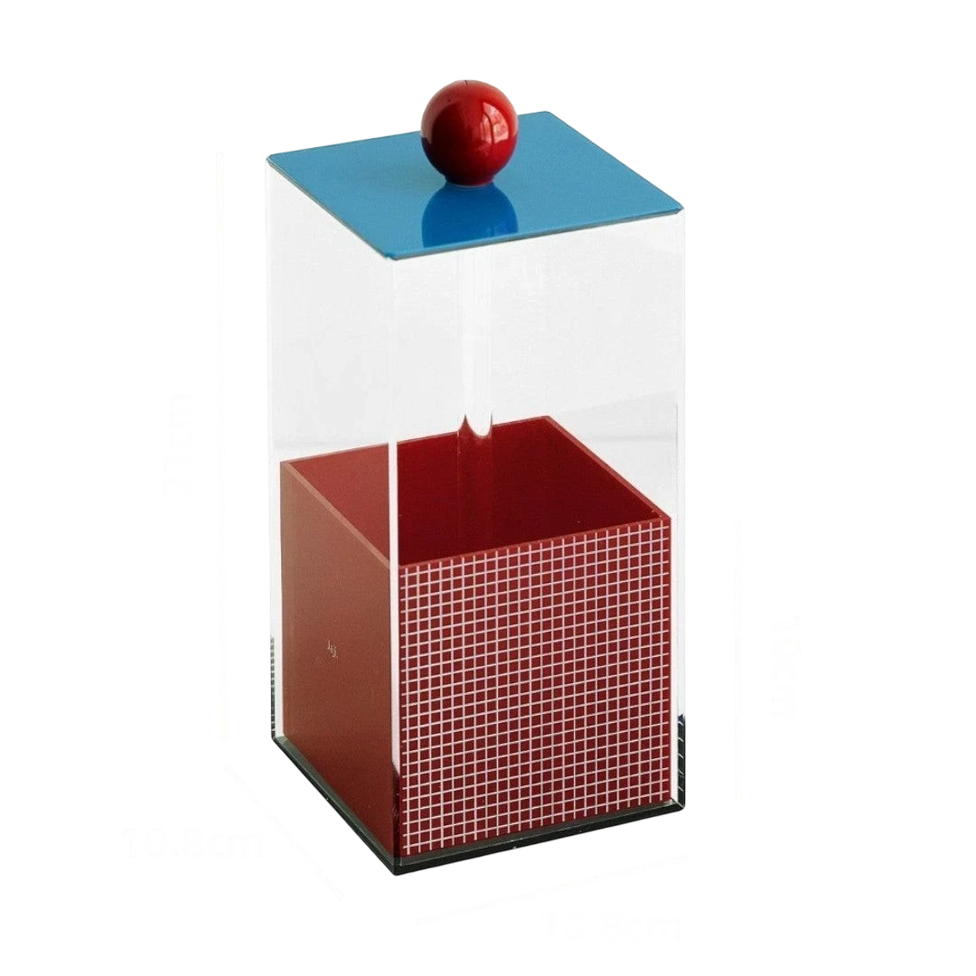 HOMELIVY Quirky Memphis acrylic brush holder with blue lid and red ball accent. Clear acrylic exterior with red mosaic interior.