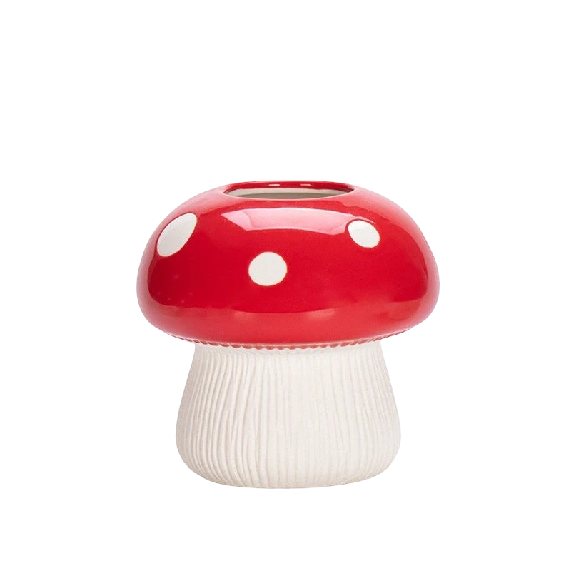 HOMELIVY red and white polka-dot ceramic mushroom vase with a textured stem for cottagecore home decor.