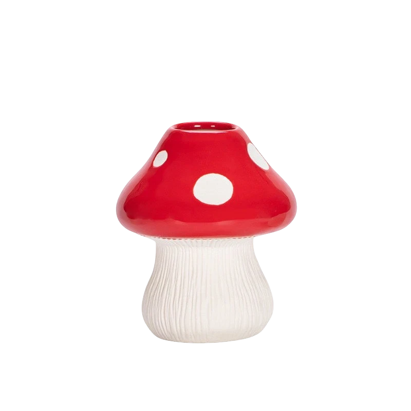 HOMELIVY red and white polka-dot mushroom ceramic vase with a textured stem for cottagecore home decor.