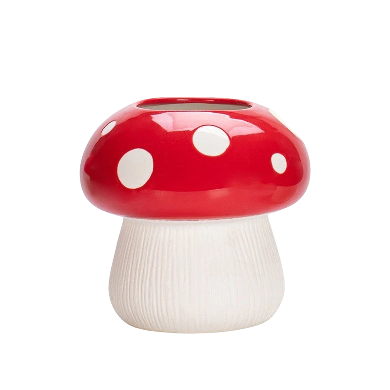 HOMELIVY red and white polka-dot mushroom ceramic vase with a textured stem for cottagecore home decor.
