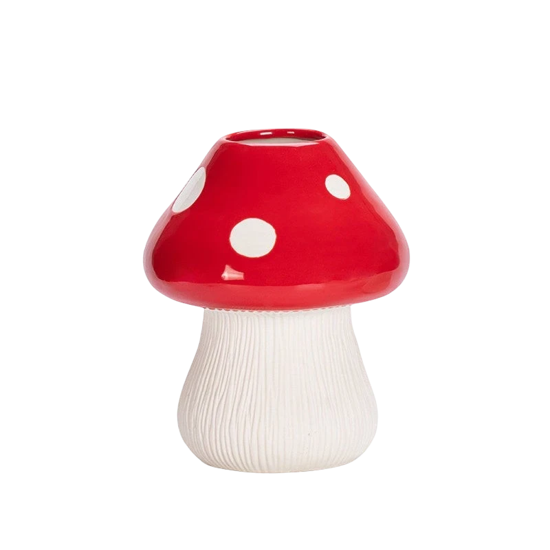 HOMELIVY ceramic mushroom vase with a glossy red polka-dot cap and a textured white stem for cottagecore decor.