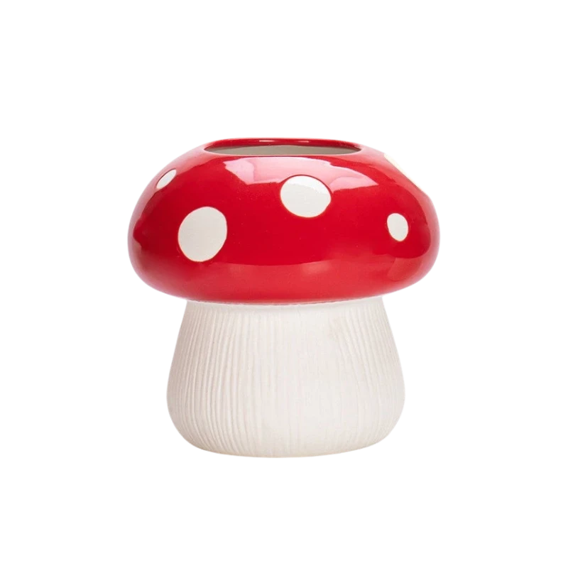 HOMELIVY red and white polka-dot ceramic mushroom vase for flowers or hydroponic cuttings in a cottagecore style.