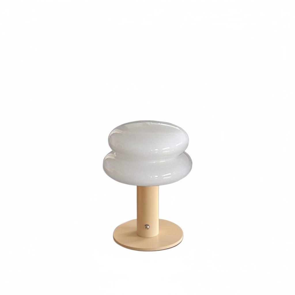 HOMELIVY creamy white mushroom-shaped bedside table lamp with a beige base and stem. Rechargeable, portable design.
