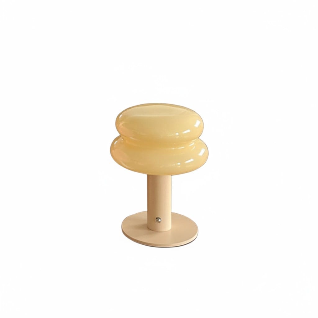 HOMELIVY creamy yellow glass mushroom table lamp with wood base and stem, rechargeable bedside light.