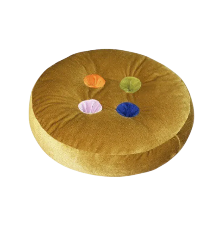 HOMELIVY mustard yellow velvet round button seat cushion with colorful inserts: orange, green, pink, and blue.