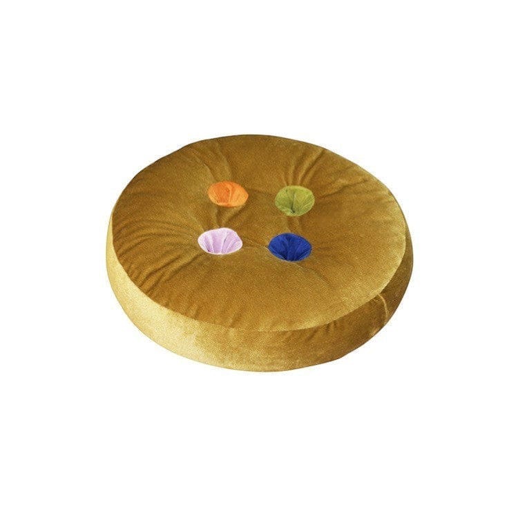HOMELIVY mustard yellow velvet round seat cushion with button detail and colorful inserts.